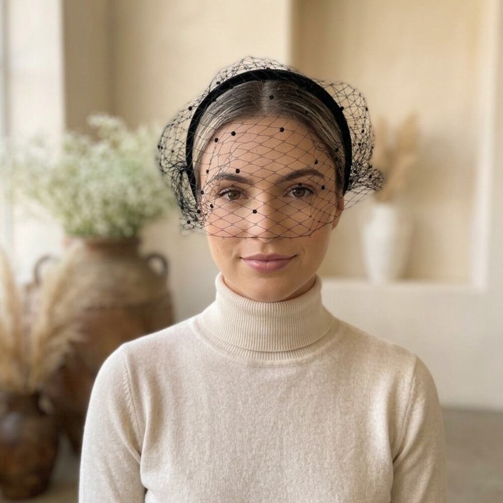 New Black Birdcage Veil Headband Dotted Mesh Fascinator Funeral Wedding Goth